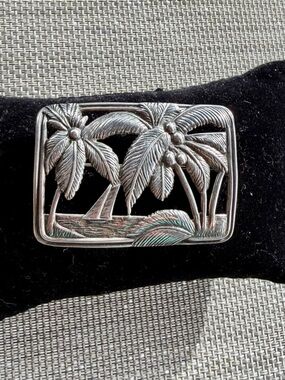 Sterling Silver Palm Tree Beach Boat Brooch 2” circa 1950